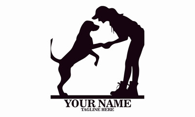 vector illustration silhouette of a person receiving a smile  from a dog and logo design