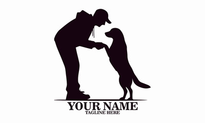 vector illustration silhouette of a person receiving a smile  from a dog and logo design