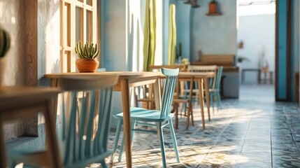 Sunny cafe patio with light blue chairs