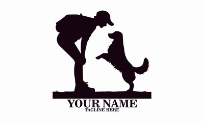 vector illustration silhouette of a person receiving a smile  from a dog and logo design
