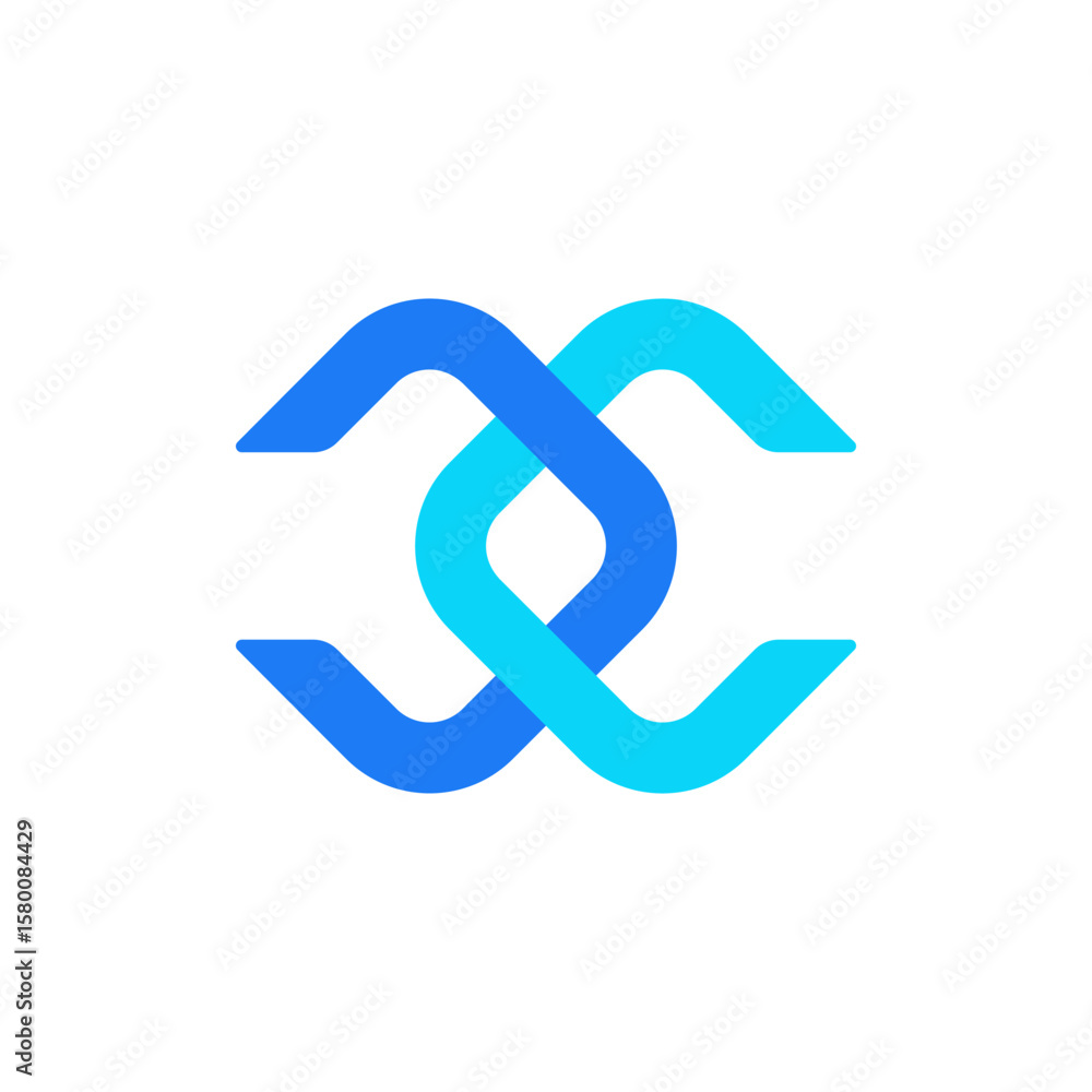 Poster an abstract, interlocking design featuring two wavy, curved shapes in light and dark blue, creating 