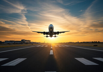 Fototapeta premium commercial jet departing runway during golden hour 