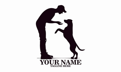 vector illustration silhouette of a person receiving a smile  from a dog and logo design