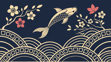 Fototapeta premium Japanese koi fish art print with cherry blossom flowers and ocean waves vector illustration design