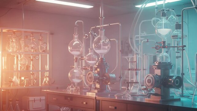 Subtle Laboratory Scene with Glass Flasks and Tubes in Soft Warm Light Smooth Animation