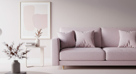 Elegant Living Room Interior with Pink Sofa and Abstract Art on the Wall