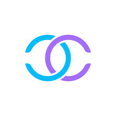Two open, rounded "C" shapes, one light blue and one purple, interlocked to create a harmonious and connected symbol