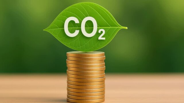 Business carbon credit. CO2 symbol green leaf above stack of gold coins representing environmental finance and sustainable investment concept with carbon emission reduction