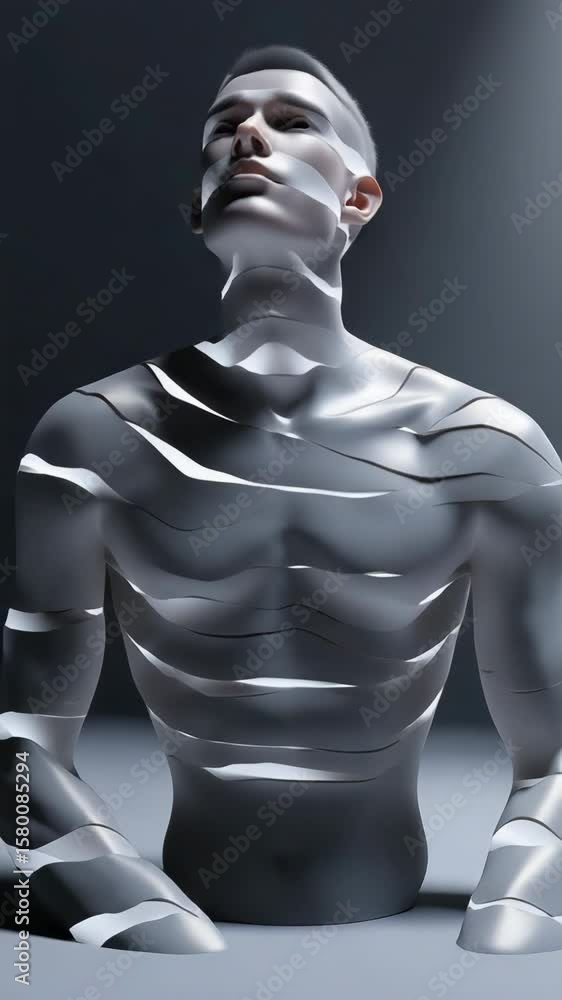 Poster a man's body is cut into pieces, creating a surreal and abstract image. the man's face is visible, b