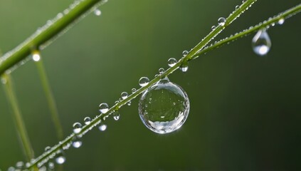 Macro shot of dewdrop hanging on spider web – natural background
