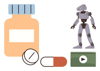 Medicine bottle, pills, advanced humanoid robot, and play button interface. Ideal for artificial intelligence, healthcare innovation, medical technology, futuristic concepts, pharmaceutical research