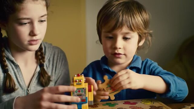 Children engaging in constructive play with a toy robot