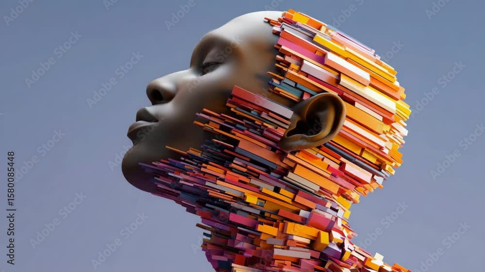 Poster a woman's face is made of blocks of different colors. the blocks are arranged in a way that creates 