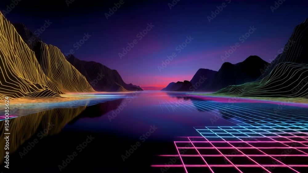 Poster a computer generated image of a city with a river running through it. the city is lit up with neon c