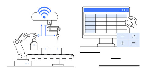 Robotic arm transferring items on conveyor using cloud-based technology, computer screen with spreadsheet and finance analytics. Ideal for automation, AI, IoT, robotics, cloud computing, finance