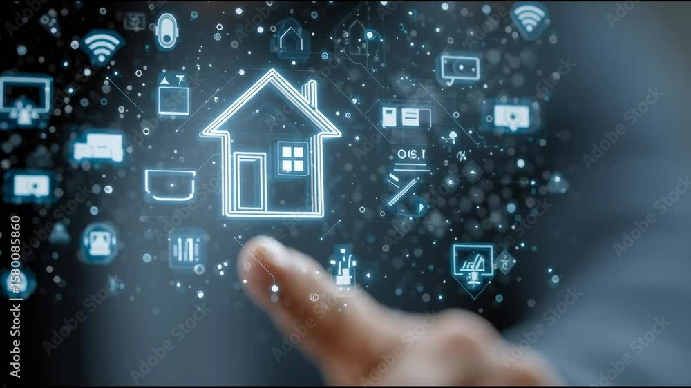 Aufkleber close-up of a hand interacting with a holographic interface showing a smart house and iot devices — 