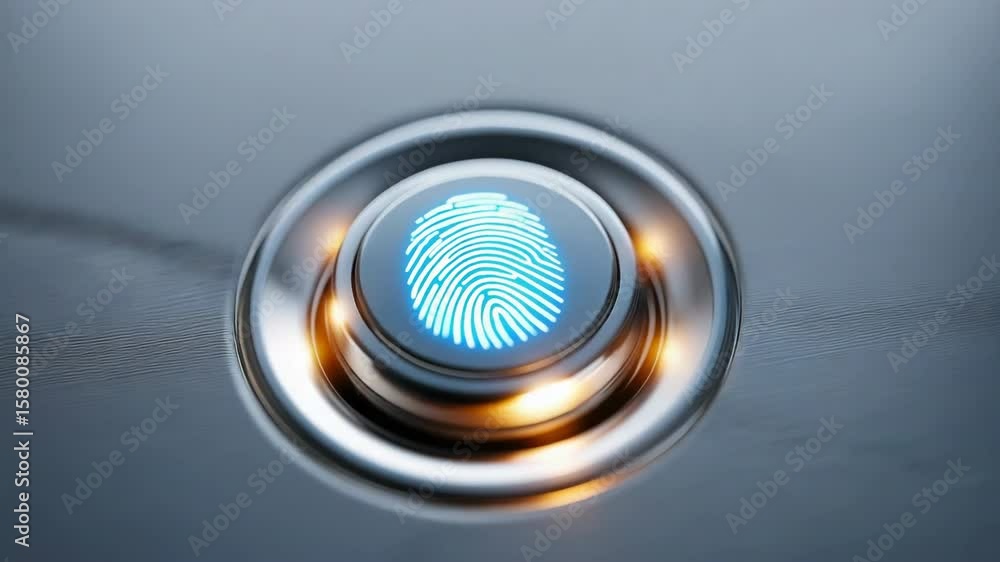 Poster a blue button with a fingerprint on it. the fingerprint is glowing and the button is surrounded by a