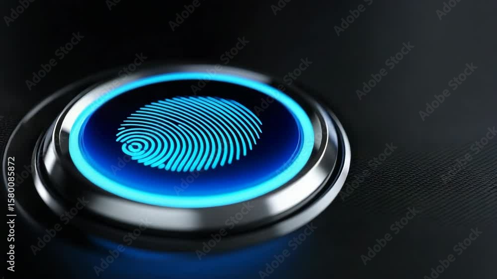 Aufkleber a blue button with a fingerprint on it. the button is shiny and metallic. the fingerprint is blue an