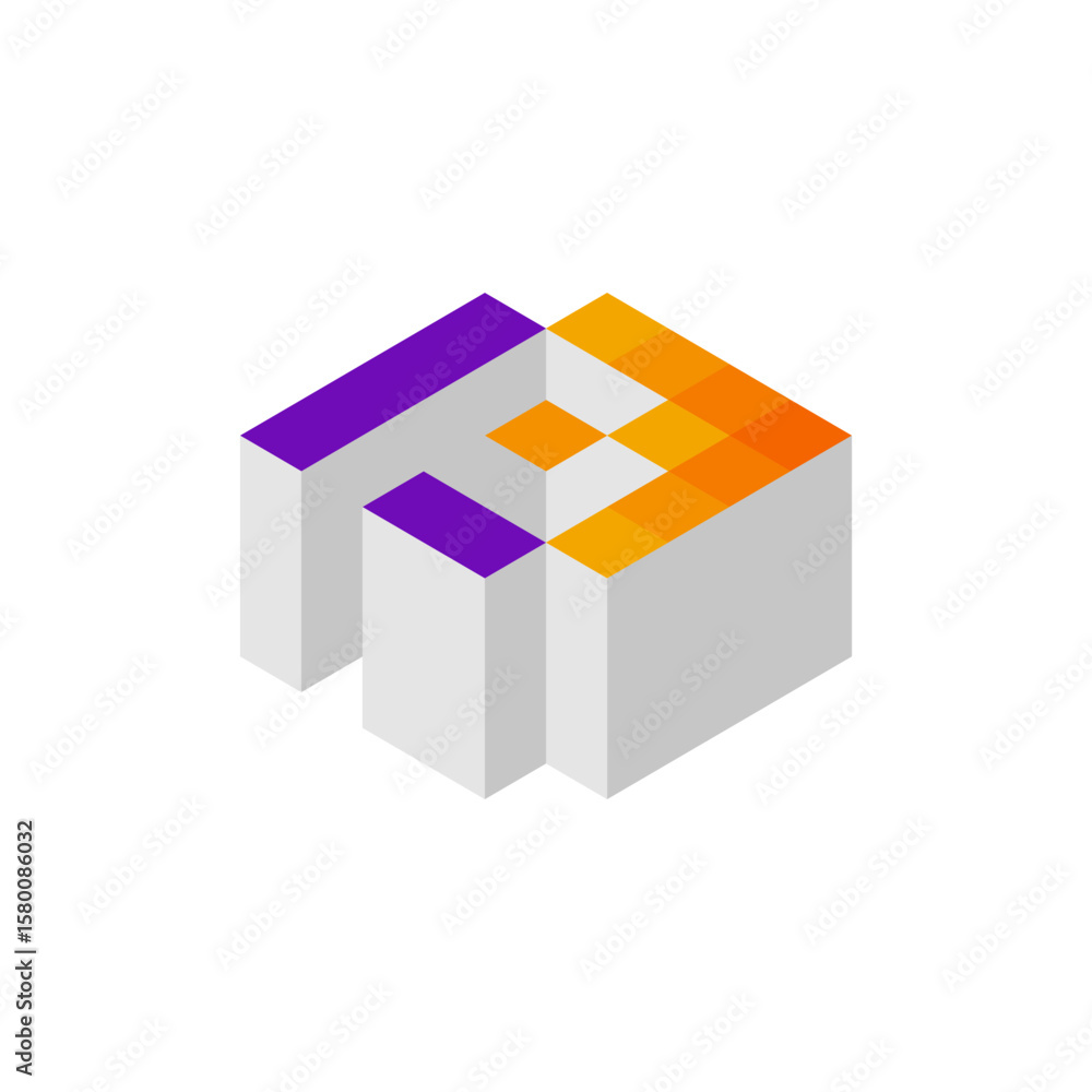 Poster an isometric, pixelated cube structure in white with purple and orange gradient faces, creating an a