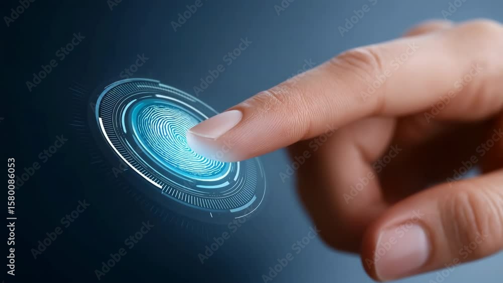 Poster a hand is pointing to a blue circle on a screen. the circle is described as a fingerprint, which sug