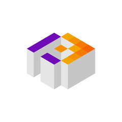  An isometric, pixelated cube structure in white with purple and orange gradient faces, creating an abstract, tech-focused design.