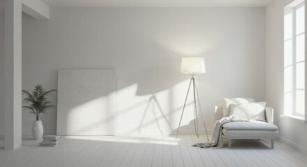 Bright minimalist living room with natural light, clean lines and modern design