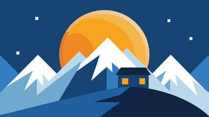 Fototapeta premium A magical winter night sky illuminates a whimsical cartoon village of snow-covered houses and festive Christmas trees