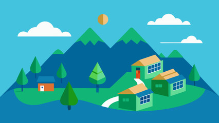 Cartoon vector illustration of a mountain village landscape with houses under the summer sky