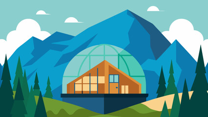 Mountain village landscape with cartoon houses, trees, and sky