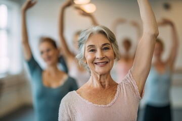 Adult Ballet Class: Female Dancers Joyfully Exercising and Stretching in Standing Position