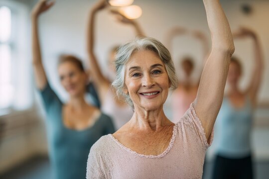 Adult Ballet Class: Female Dancers Joyfully Exercising and Stretching in Standing Position