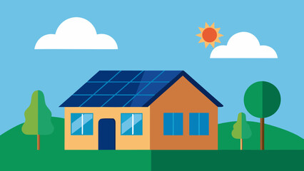 Naklejka premium Solar panel on house roof with green landscape and blue sky background
