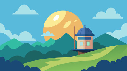A charming cartoon house illustration sits nestled in a summer mountain landscape, featuring a blue sky, green grass, and trees, evoking a peaceful country village scene