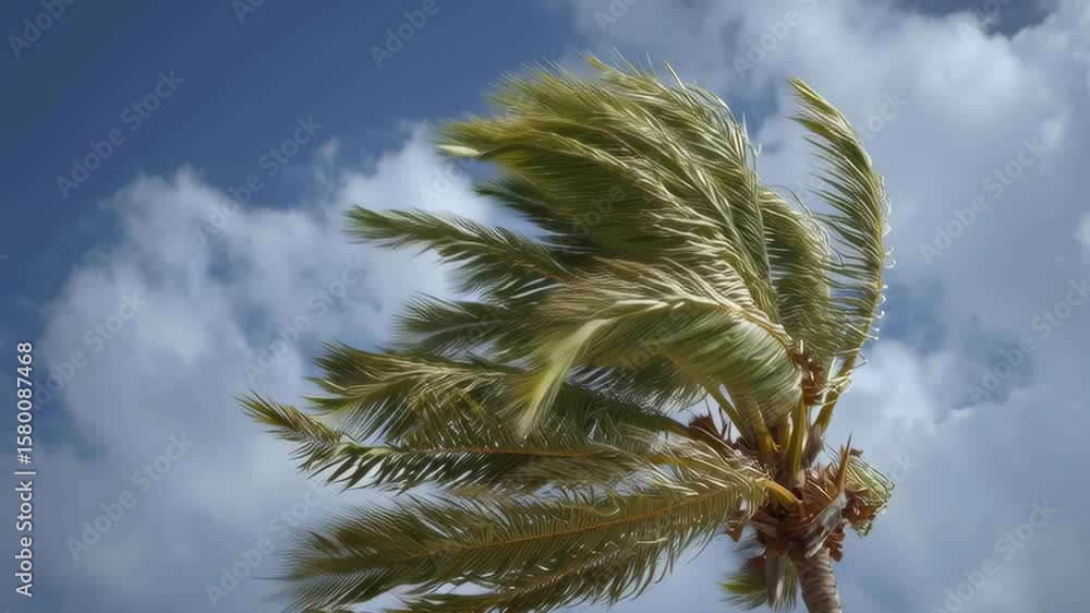 Poster a palm tree is blowing in the wind. the sky is blue and there are clouds in the background