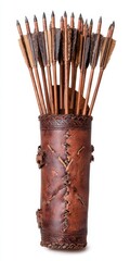 Arrow Quiver. Leather Mediaeval Quiver with Wooden Arrows Isolated on White Background