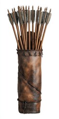 Arrow Quiver. Medieval Leather Quiver with Wooden Arrows Isolated on White Background