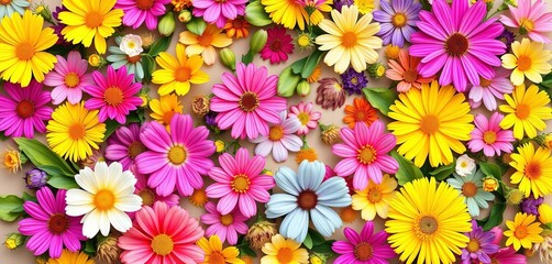 Fototapeta premium Vibrant spring flowers arranged in a dynamic vector pattern, creating a lively floral background, abstract, marketing