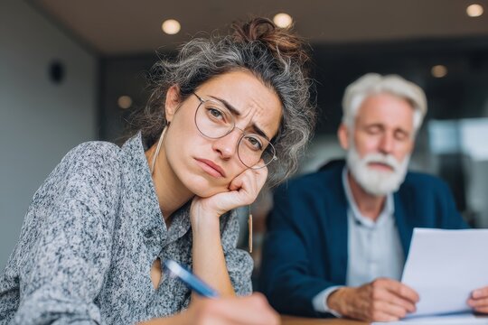 Bad Coworker: Adult Businesswoman Annoyed and Bored with Aged Colleague During Team Meeting