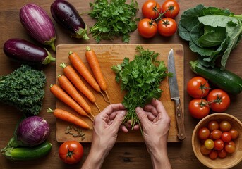 Artistic Flat Lay of Fresh Organic Vegetables and Herbs on a Rustic Wooden Board for Sustainable Cooking