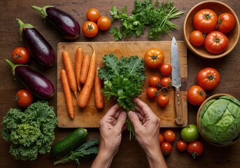 Artistic Flat Lay of Fresh Organic Vegetables and Herbs on a Rustic Wooden Board for Sustainable Cooking