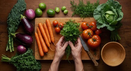 Artistic Flat Lay of Fresh Organic Vegetables and Herbs on a Rustic Wooden Board for Sustainable Cooking