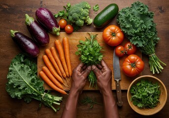 Artistic Flat Lay of Fresh Organic Vegetables and Herbs on a Rustic Wooden Board for Sustainable Cooking