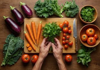 Artistic Flat Lay of Fresh Organic Vegetables and Herbs on a Rustic Wooden Board for Sustainable Cooking