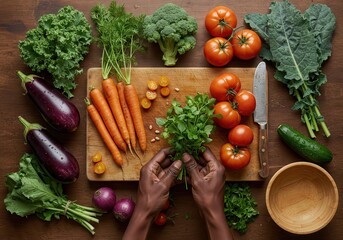 Artistic Flat Lay of Fresh Organic Vegetables and Herbs on a Rustic Wooden Board for Sustainable Cooking
