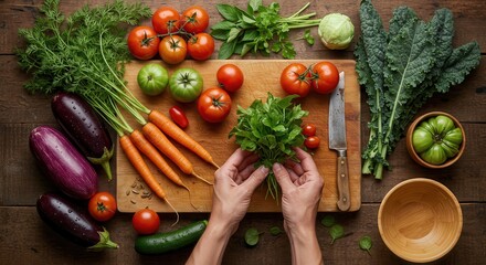Artistic Flat Lay of Fresh Organic Vegetables and Herbs on a Rustic Wooden Board for Sustainable Cooking