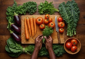 Artistic Flat Lay of Fresh Organic Vegetables and Herbs on a Rustic Wooden Board for Sustainable Cooking