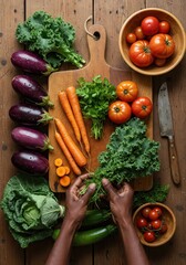 Artistic Flat Lay of Fresh Organic Vegetables and Herbs on a Rustic Wooden Board for Sustainable Cooking
