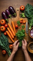 Artistic Flat Lay of Fresh Organic Vegetables and Herbs on a Rustic Wooden Board for Sustainable Cooking