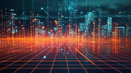 Futuristic cityscape with glowing data streams and digital grid, showcasing advanced technology and innovation - Powered by Adobe