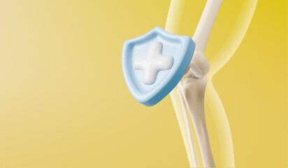3d medical knee joint model with blue shield protection icon - anatomical leg bones femur and tibia connection on yellow bg. Healthcare orthopedic safety concept for injury prevention presentation.